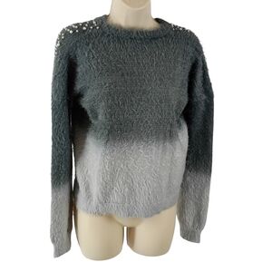 VENUS Ombre Gray Fuzzy Crewneck Sweater with Shoulder Pearls